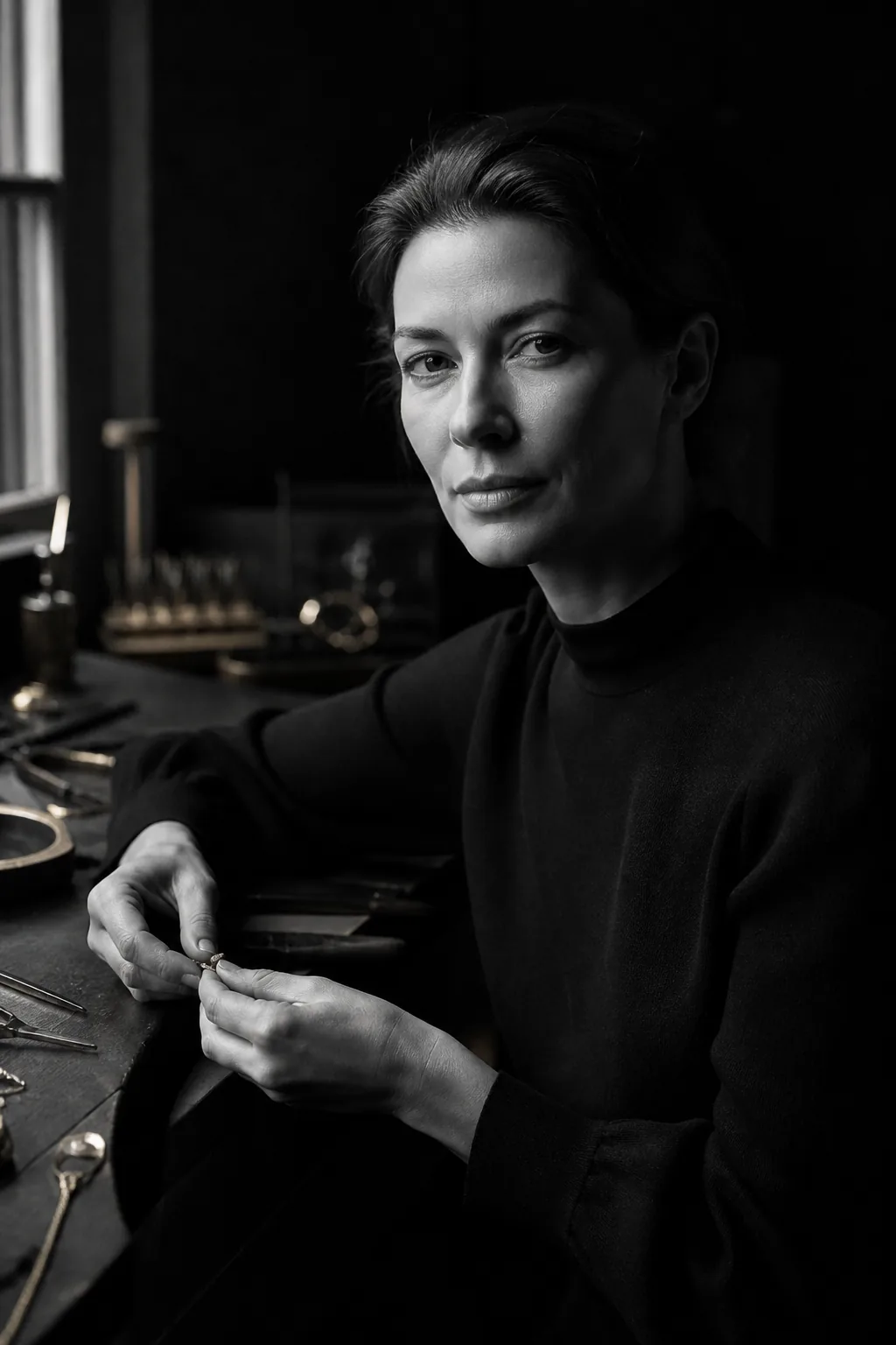 Portrait of the founder at a jeweller's workbench in the atelier
