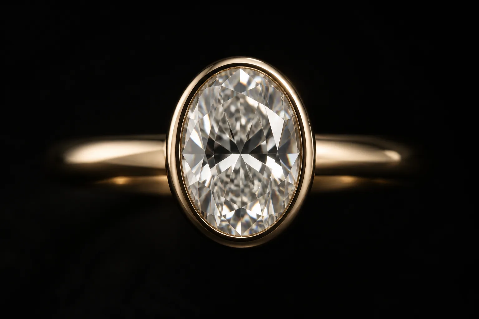 Oval brilliant-cut laboratory-grown diamond solitaire in a fine 18k yellow gold bezel, studio lit against black