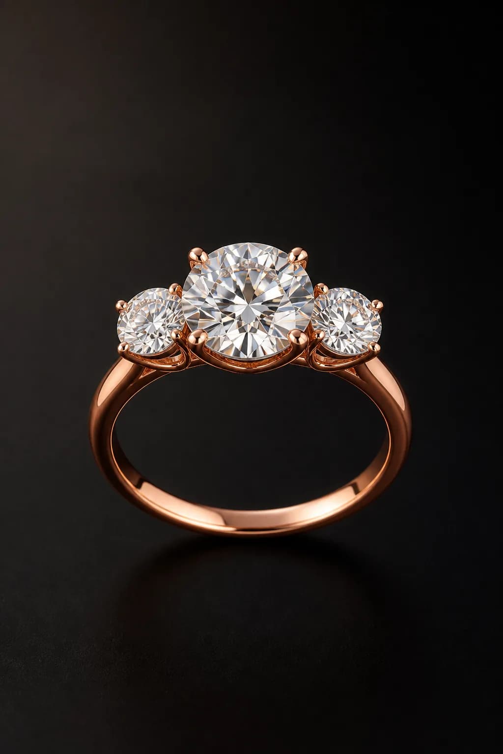Aria round laboratory-grown diamond three-stone ring in 18k rose gold, centered front demonstration view