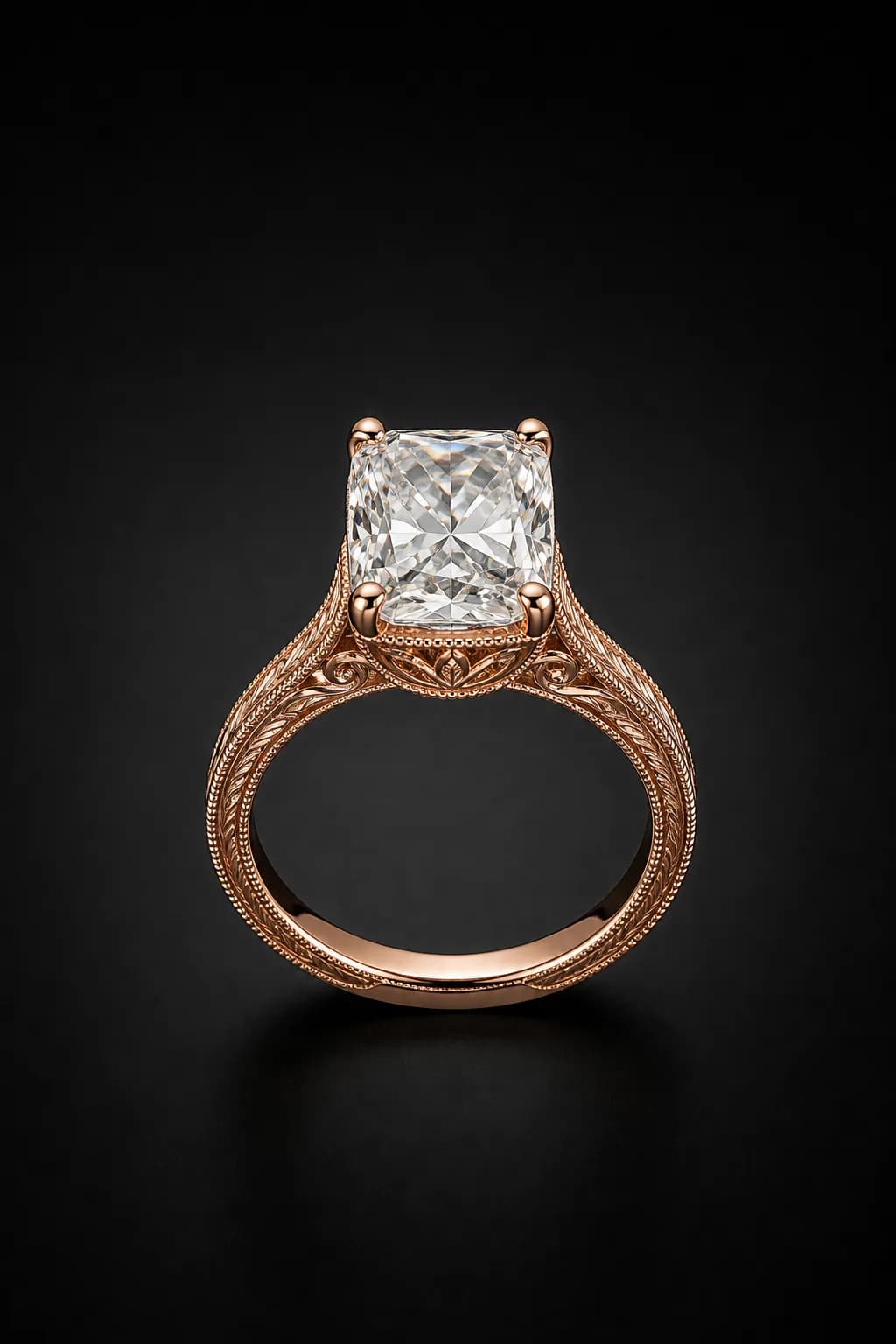 Cassia radiant laboratory-grown diamond vintage ring in 18k rose gold, centered front demonstration view