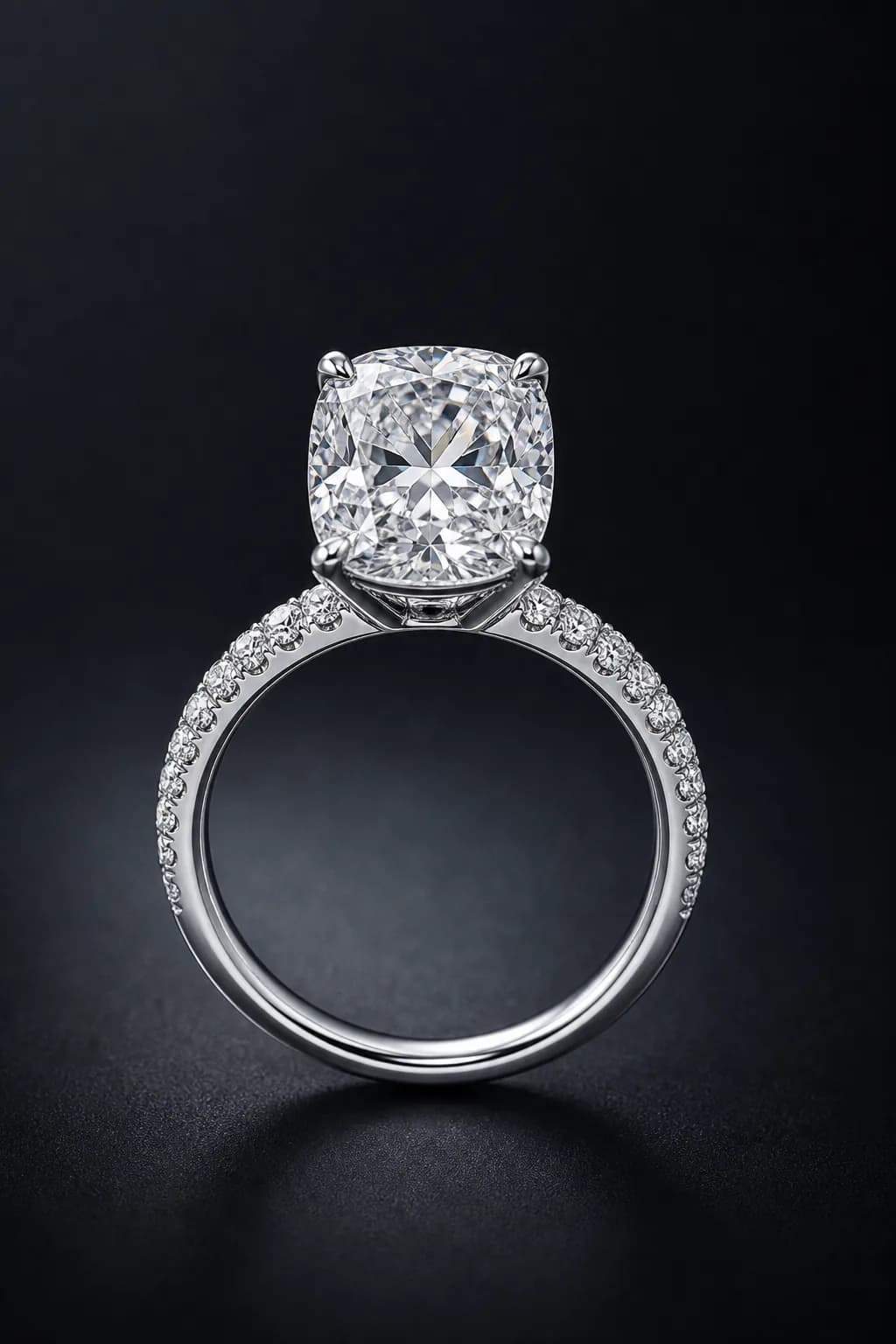 Lune cushion laboratory-grown diamond pavé ring in platinum, centered front demonstration view