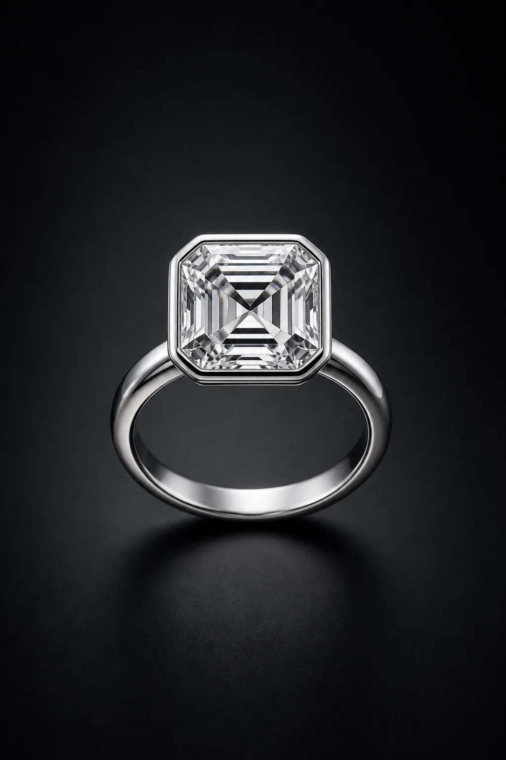 Nyx Asscher-cut laboratory-grown diamond bezel ring in platinum, centered front demonstration view
