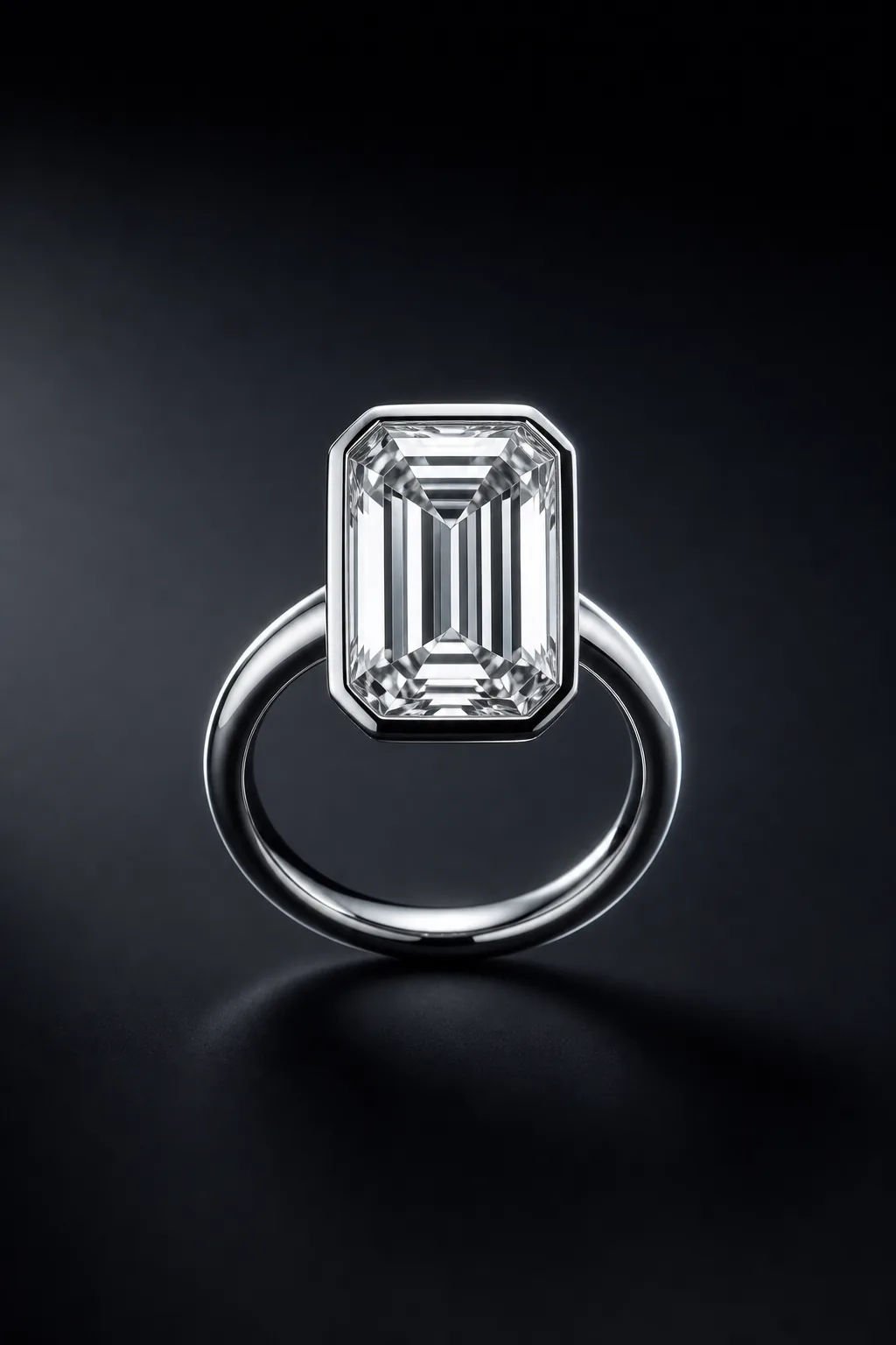 Selene emerald-cut laboratory-grown diamond ring in platinum, centered front demonstration view