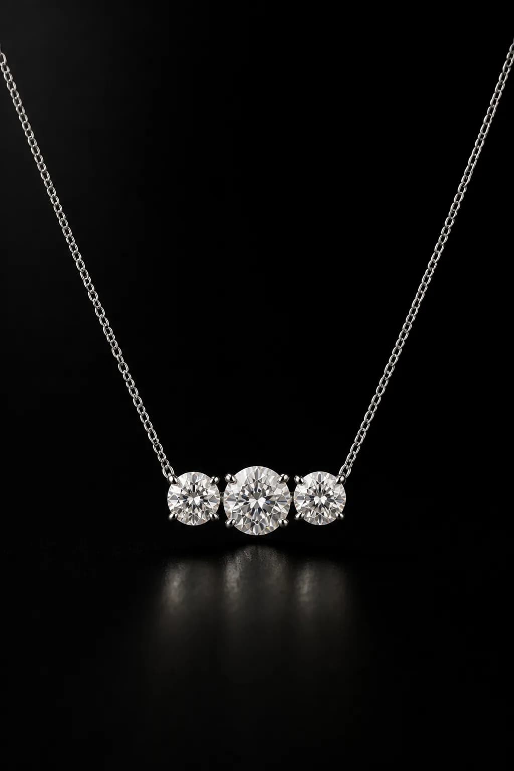 Wren three-stone laboratory-grown diamond necklace in 18k white gold, centered front demonstration view